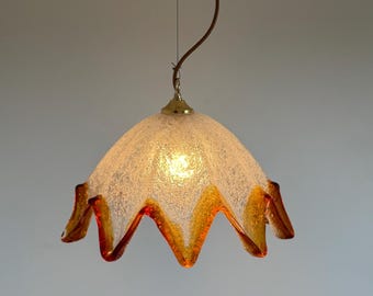 Vintage Mazzega Style Pendant Lamp / Murano Glass Ceiling Light / Mid Century Wavy Amber Edge Lamp / Italy / 1970s