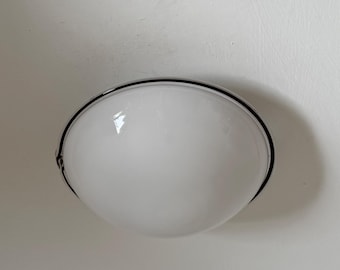 Vintage Round White Glass Ceiling or Wall Lamp with Black Rim / Mid Century Modern Sconce / Handmade in Italy / 1970s