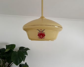 Mid Century Modern Beige Glass Pendant Lamp / Vintage Opaline Glass Ceiling Light / Floral Hanging Lamp / Yugoslavia / 1960s