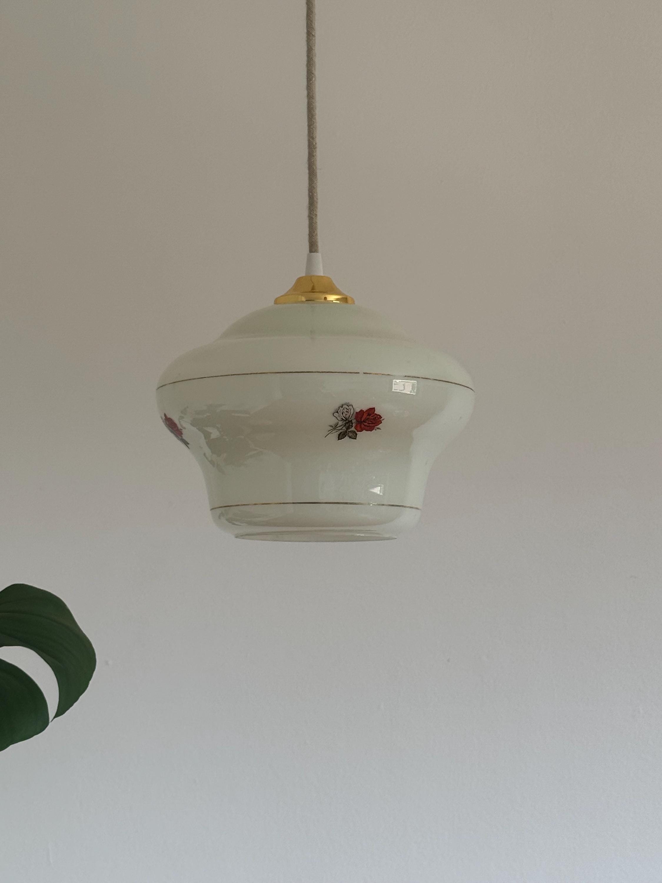 Vintage White Opaline Glass Pendant Lamp / Mid-Century Ceiling