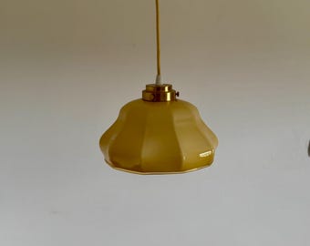 Vintage Beige Glass Pendant Lamp / Art Deco Inspired Scalloped Ceiling Light / Mid Century Yugoslav Hanging Lamp / 1960s