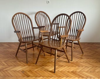1 of 4 Vintage Wooden Windsor Dining Chairs / Scandinavian Style Brown Solid Wood Chairs / Mid Century Modern / Made in Yugoslavia / 1990s