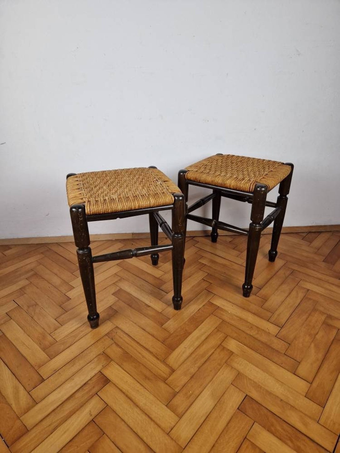 SET2 Italian Vintage Wood and Straw Stool / Made in Italy / - Etsy Australia