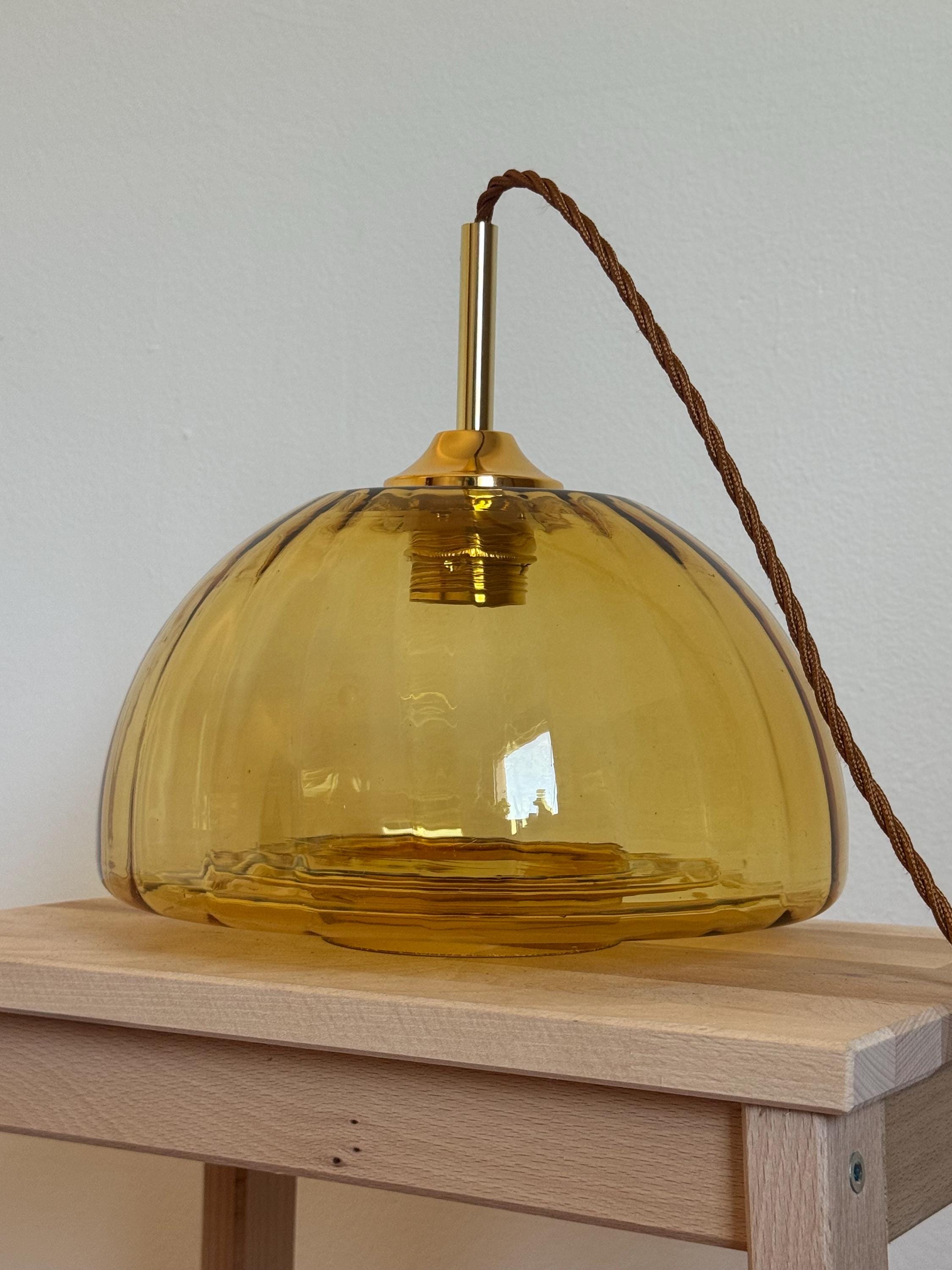 Vintage Yellow Honey Glass Pendant Lamp / Mid Century Modern