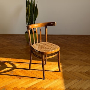 May include: A wooden chair with a woven cane seat and a curved back. The chair is in a room with a wooden floor and a plant in a green pot.