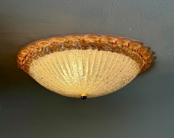 Vintage Murano Graniglia Glass Flush Mount Lamp / Italian Ribbed Dome Ceiling or Wall Light with Pink Edge / MCM Sconce / 1960s