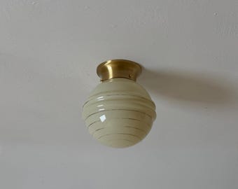 Vintage Art Deco Beige Ribbed Glass Ceiling Light or Wall Lamp / Mid Century Italian Globe Sconce  / 1950s