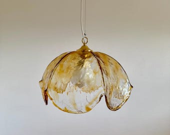 Vintage Murano Glass Pendant Lamp / Amber Wavy Italian Ceiling Light / Mid Century Modern Hanging Lamp / 1970s