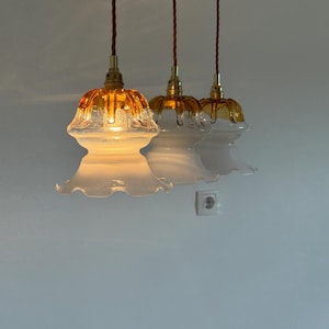 1 of 6 Vintage Mazzega Glass Pendant Lamps / Amber & White Murano Style Ceiling Light / Mid Century Kitchen Island Lighting / Italy / 1970s