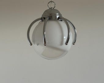 Vintage Murano Glass Globe Pendant Lamp by Mazzega / Chrome Spider Chandelier / Italian Space Age Ceiling Lighting / 1970s