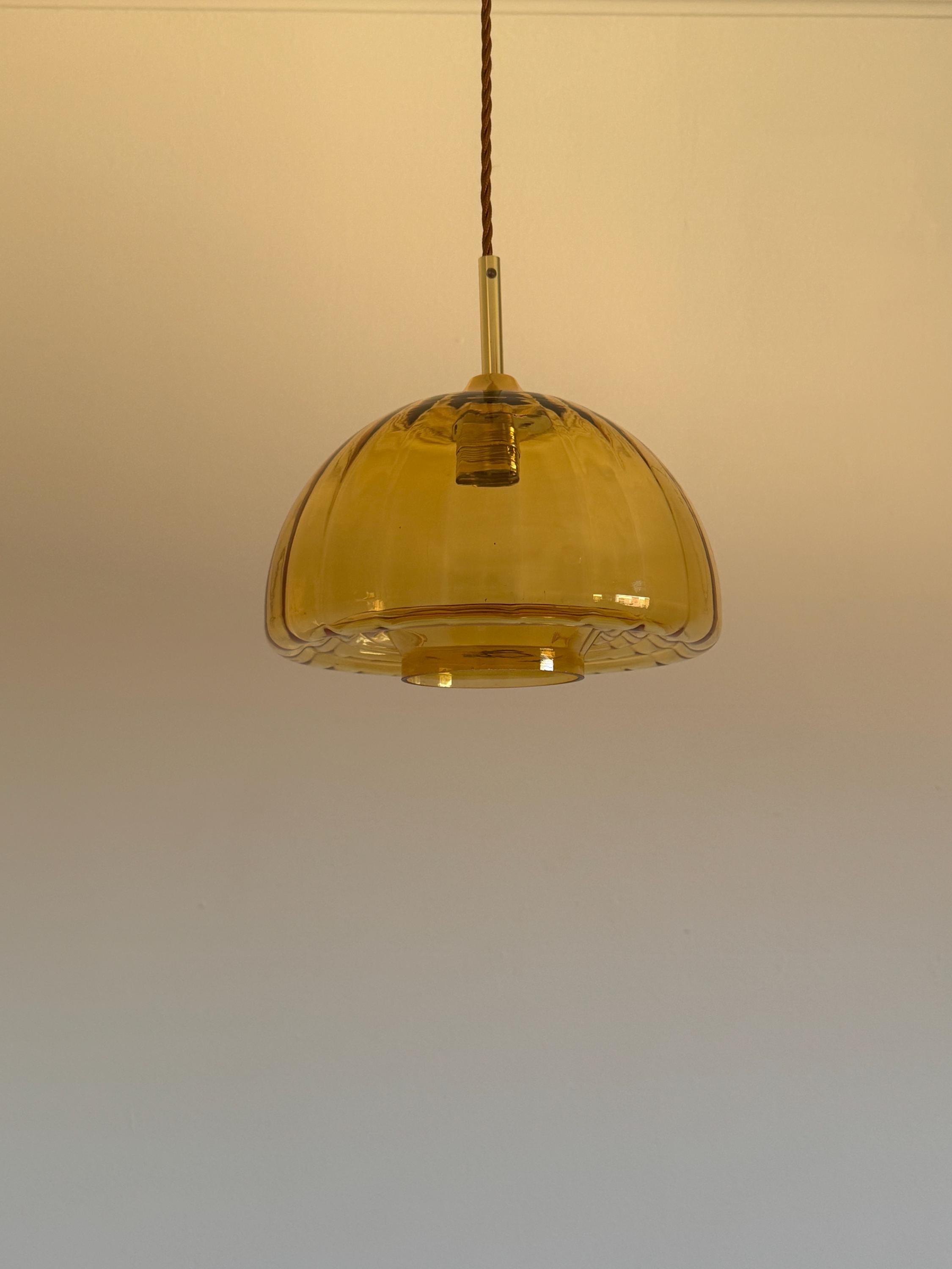 Vintage Yellow Honey Glass Pendant Lamp / Mid Century Modern