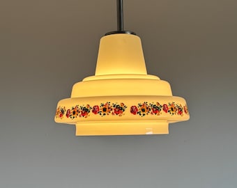 Vintage White Floral Pendant Lamp / Mid Century Opaline Glass Ceiling Light / Space Age UFO Lamp / Yugoslavia / 1970s
