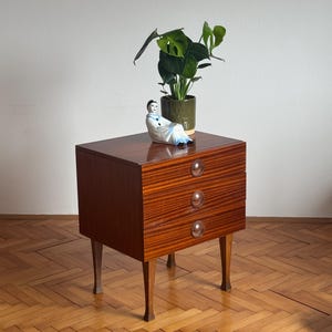 Vintage Wooden Nightstand / Mid-Century Modern Bedside Table with Three Drawers / Retro Bedroom Furniture / Yugoslavia, 1960s