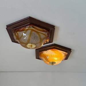 1 of 2 Vintage Murano Glass Wall or Ceiling Light / Hexagonal Frosted Orange Glass Sconce on Wooden Frame / MCM Flush Mount Lamp / 1970s