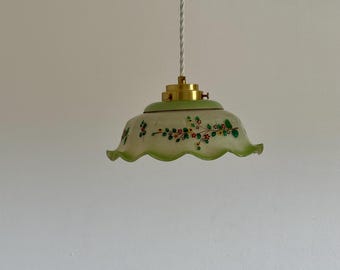 Antique Art Deco Green Glass Pendat Lamp with Floral Motif / Vintage Ceiling Light / Mid Century Hanging Lamp / Glass & Brass / 1950s