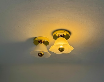 1 of 2 Vintage Frosted Glass Flower Sconces / Brass Wall or Ceiling Lamp / Mid Century Flush Mount Light / Yugoslavia / 1970s