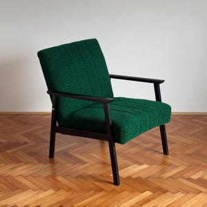 Elegant Vintage Green & Black Armchair / Retro Black Wood Accent Chair / Upholstered Lounge Armchair / Yugoslavia / 1960s
