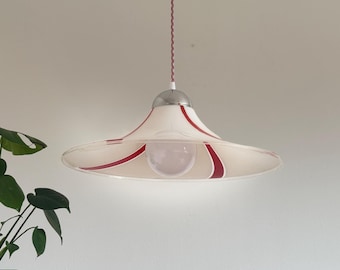 Tulip Trumpet Pendant Light / Vintage White and Red Meblo Hanging Lamp / Mid Century Modern Ceiling Lamp / Kitchen Lamp / 1970s