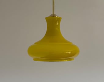 Vintage Yellow Glass Pendant Lamp / Mid Century Modern Opaline Glass Ceiling Lamp / Hanging Dinning Room Lamp / Italy / 1970s