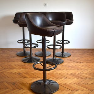 1 of 6 Mid Century Swivel Bar Stools with Back / Brown Leather Barstools / Counter Height Stools / Vintage Bar Chairs / Yugoslavia / 1970s