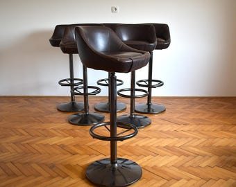 1 of 6 Mid Century Swivel Bar Stools with Back / Brown Leather Barstools / Counter Height Stools / Vintage Bar Chairs / Yugoslavia / 1970s
