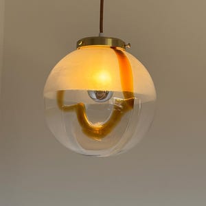 Vintage Murano Glass Globe Pendant Lamp / Mid Century Modern White & Orange Ceiling Light / Amber Glass Lamp / 1970s