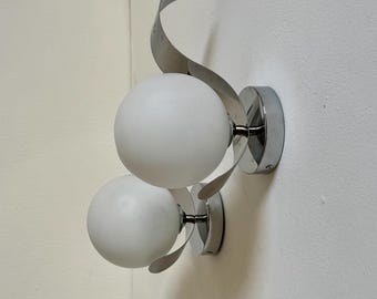 1 of 6 Vintage Chrome Wall Lamps / Mid Century Modern Italian Sconces / White Glass Globe Lighting / 1970s Retro Wall Decor
