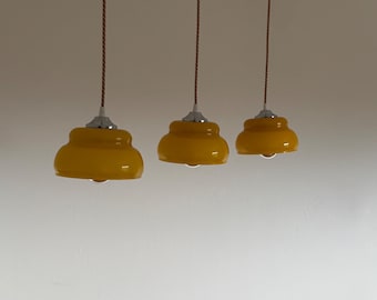 1 of 3 Vintage Yellow Glass Pendant Lamps / Mid Century Ceiling Light / Retro Kitchen Island Lighting / Italy / 1970s