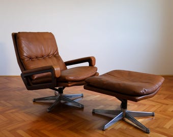 Vintage Brown Leather King Lounge Chair / Mid Century Armchair / André Vandenbeuck Design / 1960s