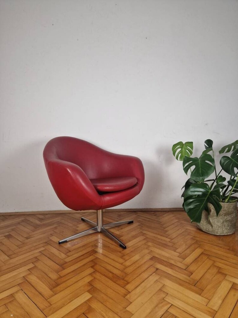 1 of 2 Mid Century / Red Swivel Simple Armchairs / Egg Chair / Office