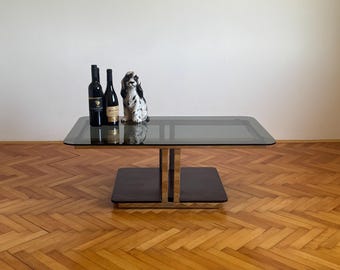 Vintage Rectangular Smoked Glass Coffee Table / Mid Century Modern Cocktail Table / Elegant Living Room Side Table / 1970s