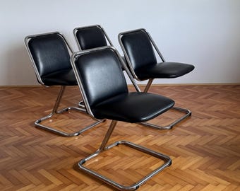 1 of 4 Vintage Bauhaus Cantilever Dining Chairs / Mid Century Black Tubular Chairs / Space Age Chrome Office Chairs / Italy / 1970s