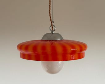 Vintage Red & Orange Striped Glass Pendant Lamp / Italian Space Age Ceiling Light / Mid Century Modern UFO Lamp / 1970s