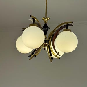 Vintage White Globe Sputnik Chandelier / Mid Century Modern 4-Light Pendant Lamp / Gold Ceiling Light / Yugoslavia / 1970s