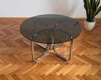 Vintage 80s Chrome and Smoked Glass Coffee Table / Mid