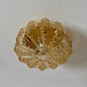 Pode incluir: Uma luminária de teto de vidro âmbar vintage. A luminária tem um design texturizado e arredondado com um padrão central em forma de estrela. O vidro tem um tom dourado quente e a luminária é montada em um teto branco.