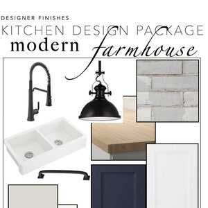 May include: Kitchen design package featuring modern and farmhouse styles.  The package includes a black faucet, a white double sink, a black pendant light, a white subway tile backsplash, a dark blue cabinet door, a white cabinet door, a black cabinet pull, and paint samples for walls and trim.