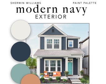 Modern NAVY EXTERIOR Paint Color Palette: Siding, Trim, Doors, Stain, Accents, 4 Versions