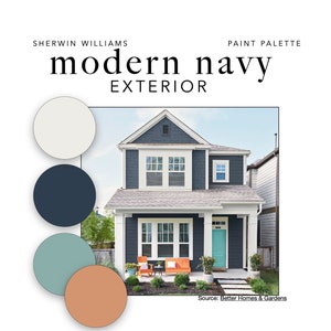 Modern NAVY EXTERIOR Paint Color Palette: Siding, Trim, Doors, Stain, Accents, 4 Versions