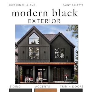 May include: A modern black exterior paint palette for a house with siding, accents, and trim and doors. The siding is a dark gray, the accents are a warm brown, and the trim and doors are black.