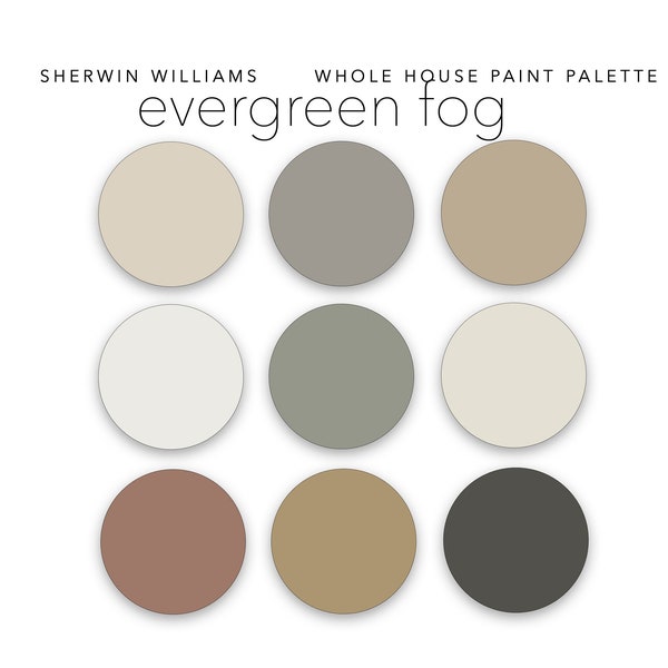 Evergreen Fog Whole Home Paint Color Palette, Sherwin Williams, Interior Designer Paint Colors for Home - Prepackaged Paint Scheme