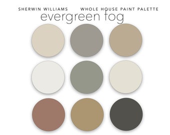 Evergreen Fog Paint Color Palette | Sherwin Williams Whole Home Designer Paint Scheme with Coordinating Wall Trim & Cabinet Colors