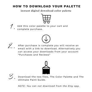 May include: A black and white instructional graphic titled HOW TO DOWNLOAD YOUR PALETTE. It features three numbered steps with icons: a shopping cart, a downward arrow, and a paintbrush, explaining the digital download process for files.