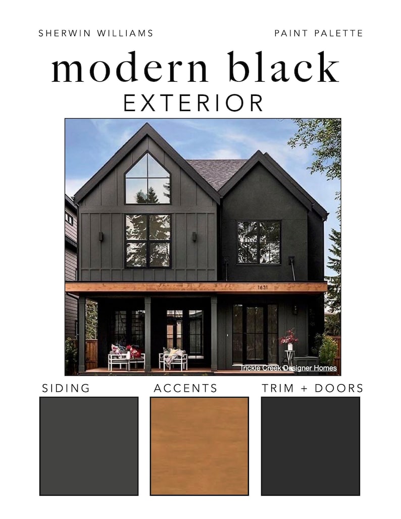 May include: A modern black exterior paint palette for a house with siding, accents, and trim and doors. The siding is a dark gray, the accents are a warm brown, and the trim and doors are black.