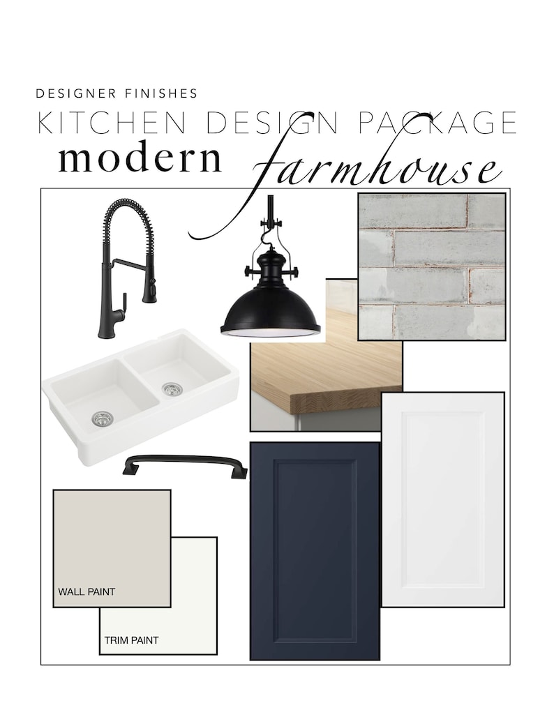May include: Kitchen design package featuring modern and farmhouse styles.  The package includes a double sink, black faucet, black pendant light, white and gray paint colors, and blue and white cabinet doors.  The text on the image reads "DESIGNER FINISHES KITCHEN DESIGN PACKAGE modern farmhouse".