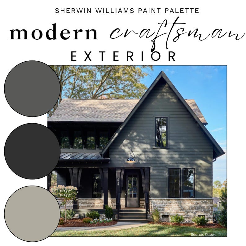 May include: A Sherwin Williams paint palette titled Modern Craftsman Exterior featuring three circular color swatches in dark gray, black, and light beige alongside a photograph of a two-story house with dark gray siding and stone base.