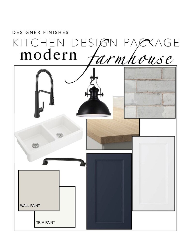 May include: Kitchen design package featuring modern and farmhouse styles.  The package includes a black faucet, a white double sink, a black pendant light, a white subway tile backsplash, a dark blue cabinet door, a white cabinet door, a black cabinet pull, and paint samples for walls and trim.