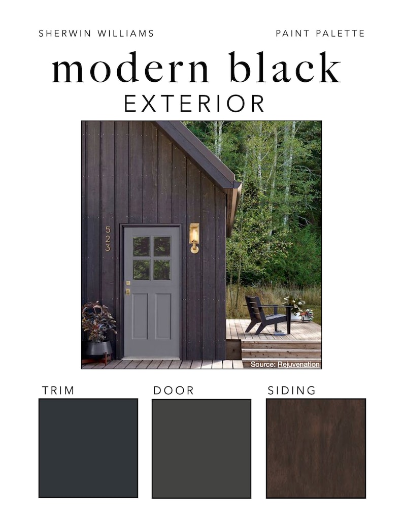 May include: A modern black exterior paint palette with a dark gray trim, a dark gray door, and a brown wood siding. The image shows a house with a black door and a black wood siding.