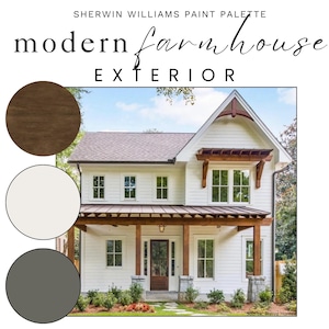 Modern Farmhouse EXTERIOR Paint Color Palette: Siding, Trim, Doors, Stain, Accents, 4 Versions