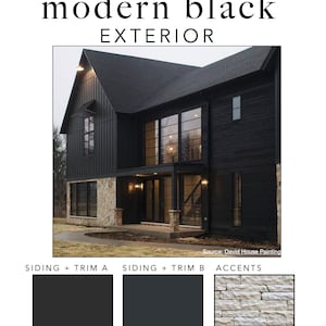 May include: A paint palette for a modern black exterior home. The palette includes three colors: a dark gray for the siding and trim, a slightly lighter gray for the siding and trim, and a light beige for the stone accents.
